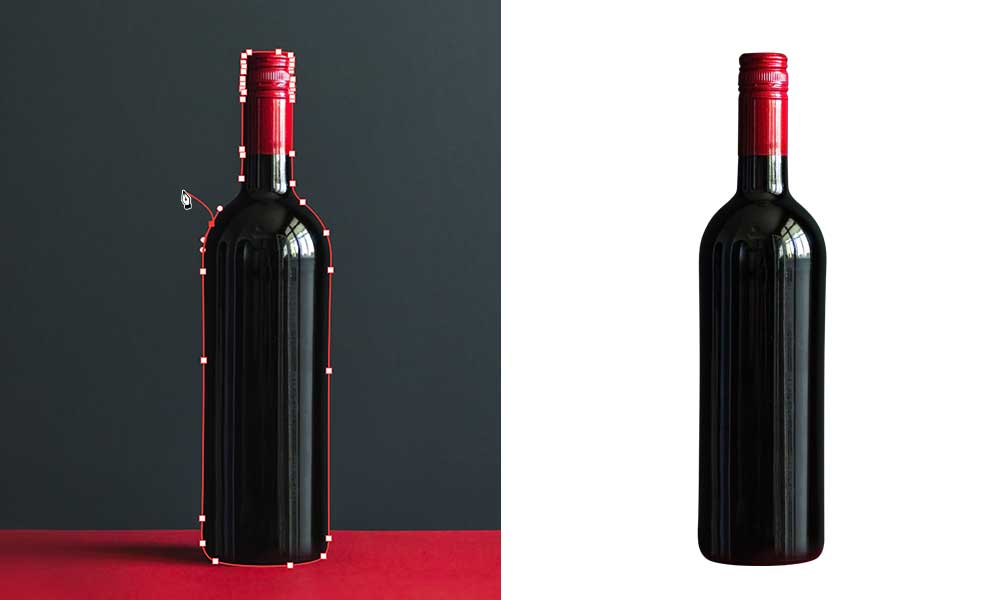 An editor is showing his clipping path service editing skill on a black color wine bottle