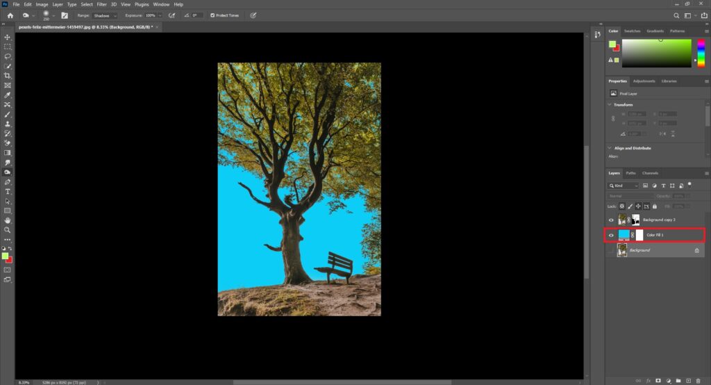 how to remove background from trees in photoshop and place new background.