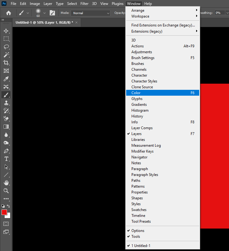 open color platte for changing brush color in photoshop