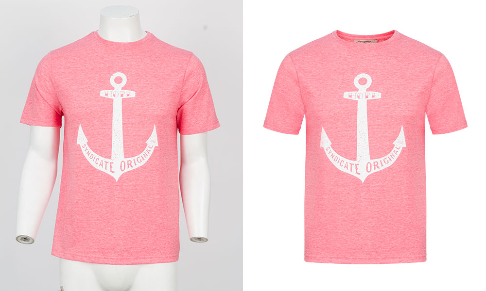Apparel photo editing service comparison: A pink t-shirt with a white anchor graphic