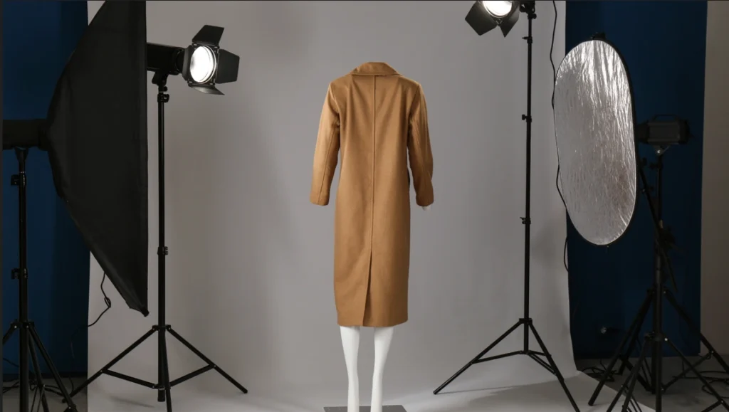How to Ghost Mannequin Photography A female mannequin, without a head, is centered in a studio and shown from the back, wearing a long, camel-colored wool coat